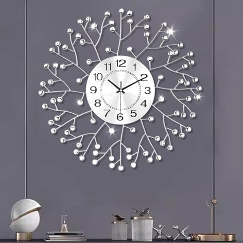 19.7 Inch Large Decorative Wall Clock for Living Room Decor, Non-Ticking Quiet Modern Metal Starburst Bling Silver Crystal Wall Clock for Living Room, Bedroom, Study, Office