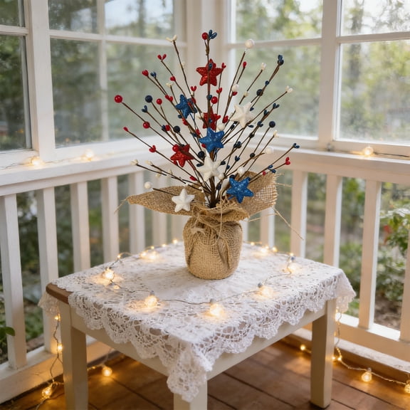 19.7 Inch Patriotic Decoration Tree, Independence Day Floral Centerpiece, Red White Blue Star Tree, July 4th Tabletop Ornament, American Holiday Display