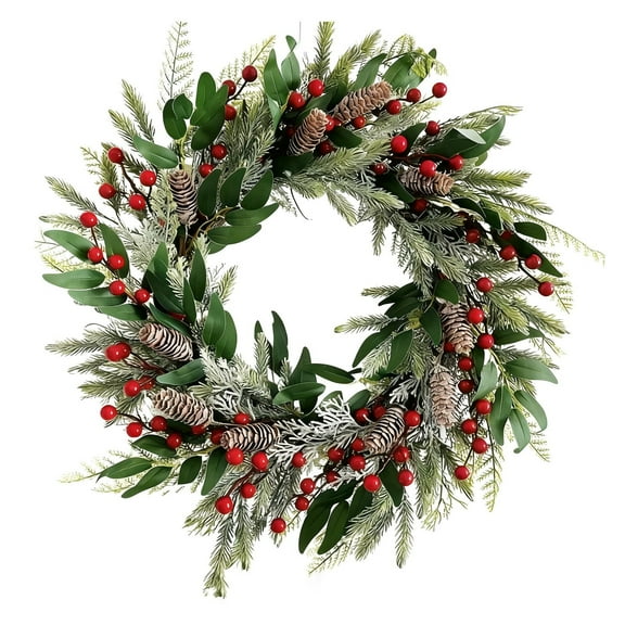 19.7 Inch Winter Wreath for Front Door, Artificial Christmas Wreath with Flocked Lambs Ear Red Berries Pinecones, All Season Outdoor Indoor Wall Holiday Decor for Thanksgiving