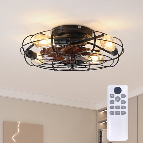 19.7" Industrial Caged Ceiling Fan With Light, 6-Speed Reversible Dc Motor, E26 Bulb Base, Remote Control, Timer, Low Noise <30Db, Farmhouse/Industrial Decor For Bedroom/Living Room Kitchen