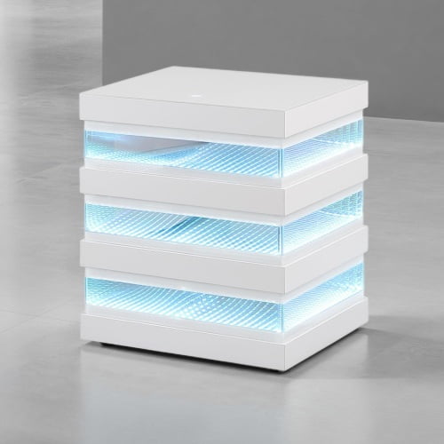 19.7" LED End Table with Built-in Bluetooth Speakers and Wireless Charging Port, White Glass Top Side Table for Living Room Bedroom, Modern