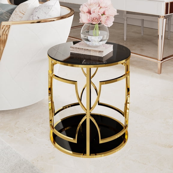 19.7" Luxury Gold Round Side Table with Tempered Glass Top & Storage Shelf, Modern Glam End Table with Metal Frame for Living Room, Bedroom, Sofa Side, Small Space Accent Table