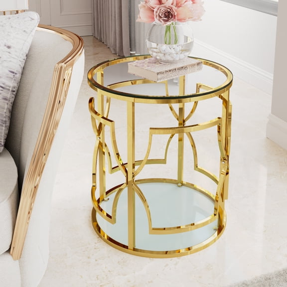 19.7" Luxury Gold Round Side Table with Tempered Glass Top & Storage Shelf, Modern Glam End Table with Metal Frame for Living Room, Bedroom, Sofa Side, Small Space Accent Table