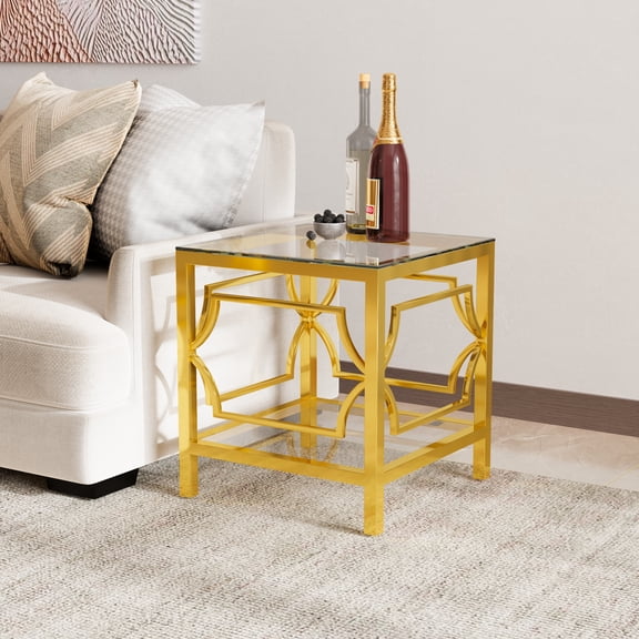 19.7" Modern Gold Square Side Table with Tempered Glass Top & Storage Shelf, Luxury Glam End Table with Metal Frame for Living Room, Bedroom, Sofa Side, Small Space Accent Table