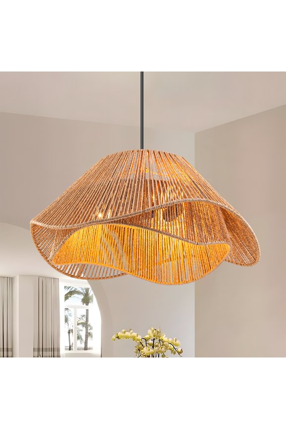 19.7 Rattan Pendant Light Fixture Boho Farmhouse Woven Rattan Chandelier for Dining Room, 3-Light Large Bohemian Rustic Wicker Ceiling Hanging Lamp Over Table for Kitchen Island, Living Room