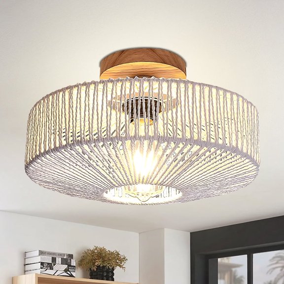 19.7" Rope Ceiling Light with Wood Grain Canopy | European Farmhouse Flush Mount Fixture - Wrought Iron Frame & Natural Braided Cord - Wall Controlled E26 Base 11.81" Height Post-I