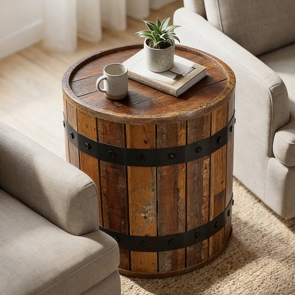 19.7" Round Barrel Side Table with Hidden Storage, Farmhouse Rustic Wooden End Table with Removable Lid, 24" Tall Sofa Side or Bedside Nightstand for Living Room