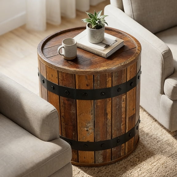 19.7" Round Barrel Side Table with Hidden Storage, Farmhouse Rustic Wooden End Table with Removable Lid, 24" Tall Sofa Side or Bedside Nightstand for Living Room