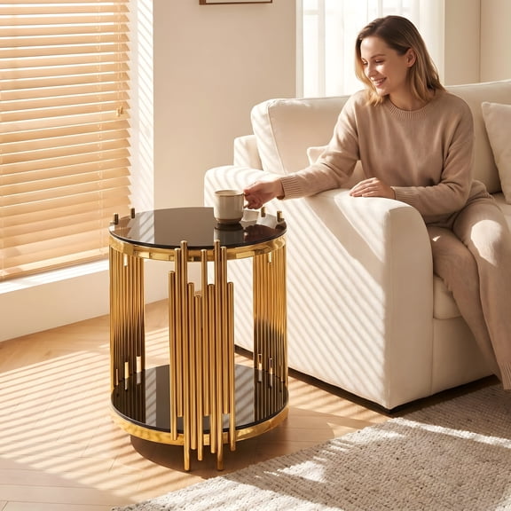 19.7" Round Glass End Table, 2-Tier Clear Tempered Glass Side Table, Modern Luxury Stainless Steel Legs Accent Table for Living Room & Home Office (19.70" x 19.70" x 21.26")(Black+Gold)