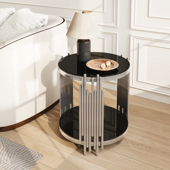 19.7" Round Glass End Table, 2-Tier Silver Side Table with Stainless Steel Legs and Black Tempered Glass, Modern Luxury End Table for Living Room Home Office