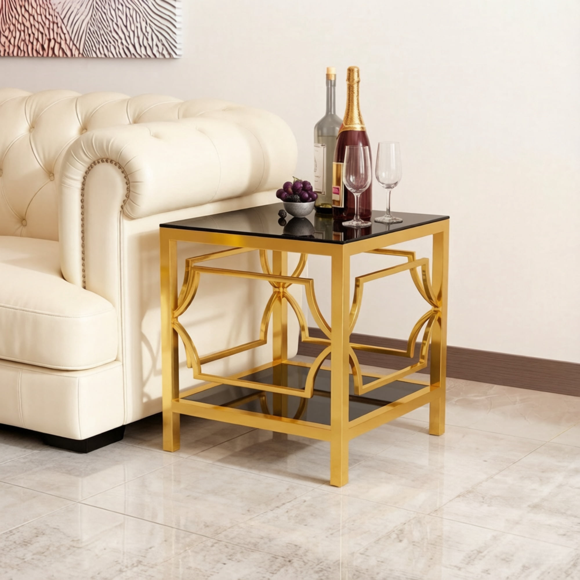19.7" Round Side Table with Tempered Glass Top, 2-Tier Storage Shelf Modern Small End Table with Metal Frame, Sofa Side Accent Table