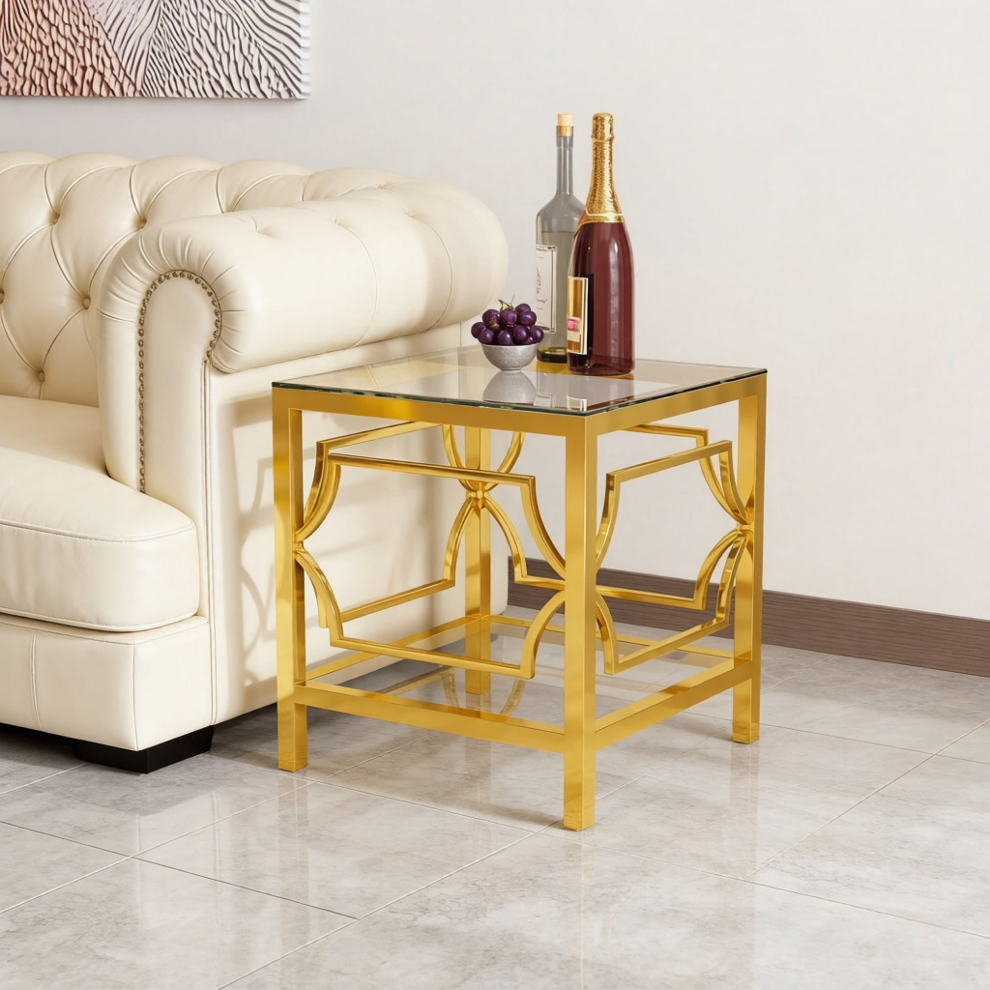 19.7" Round Side Table with Tempered Glass Top, 2-Tier Storage Shelf Modern Small End Table with Metal Frame, Sofa Side Accent Table