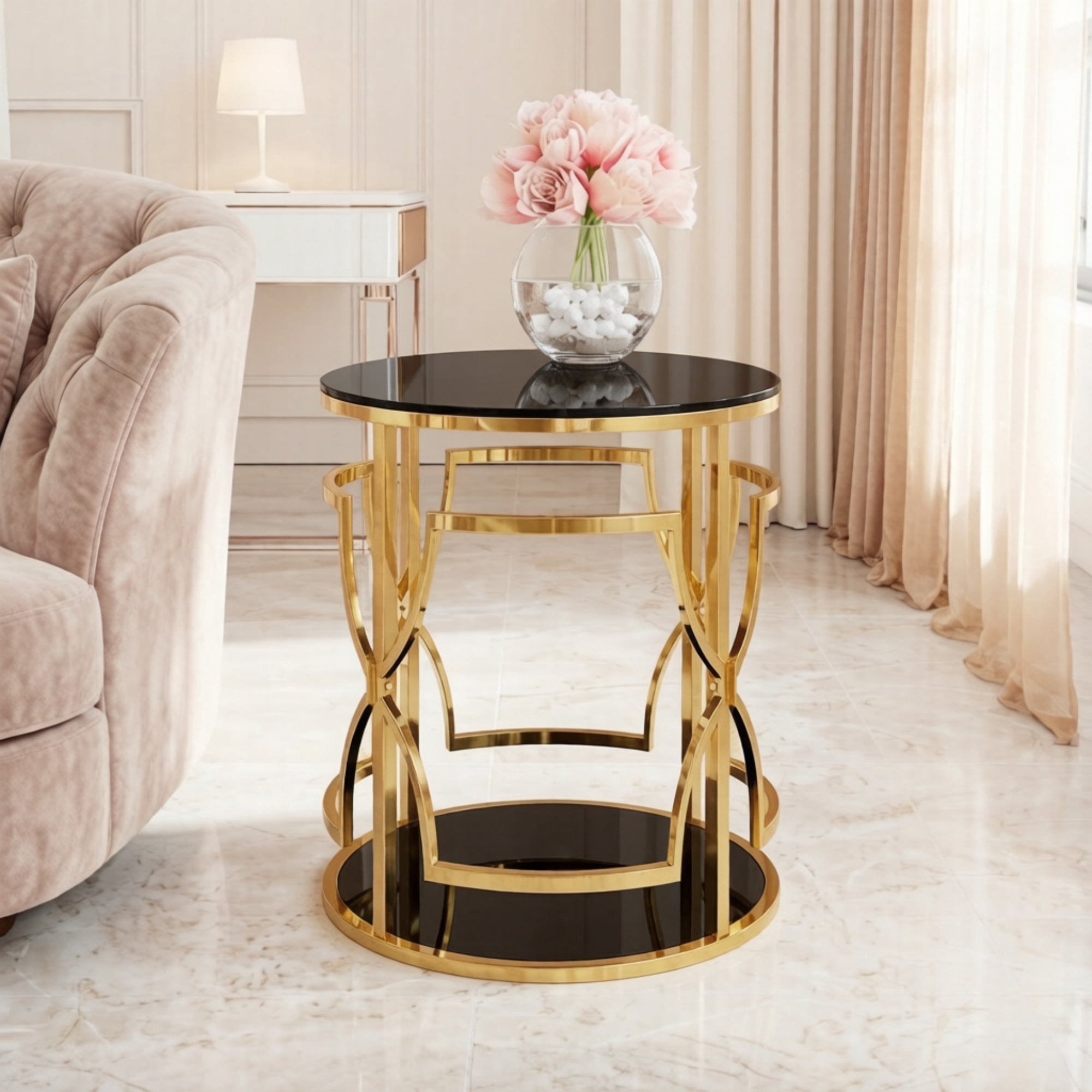 19.7" Round Side Table with Tempered Glass Top, 2-Tier Storage Shelf Modern Small End Table with Metal Frame, Sofa Side Accent Table