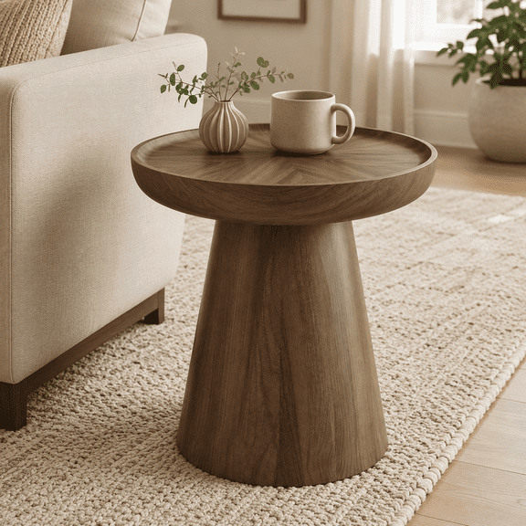 19.7" Round Walnut End Table, Tall Slim Side Table for Living Room