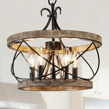 19.7" Rustic Drum Chandelier, Farmhouse Light Fixture Over Table, 5-Light Candle Wood Chandelier for Dining Room, Kitchen