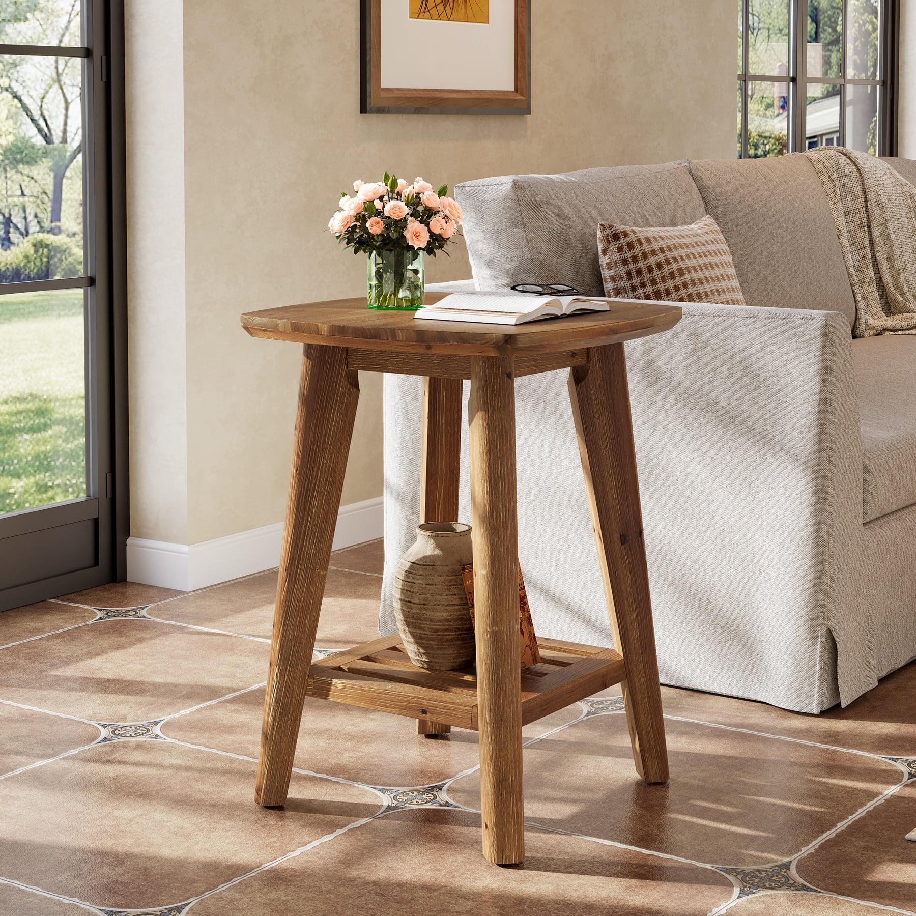 19.7" Solid Wood Square Side Table with 2-Tier Storage Shelf, Small Space End Table for Living Room, Bedroom & Sofa Side, Space-Saving Accent Table