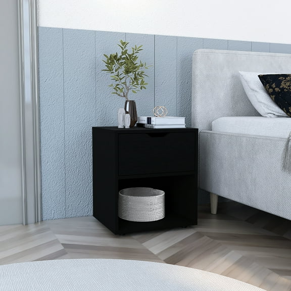 19.7" Tall Nightstand End Table In Black With Shelf And Drawer For Modern Home High Open Limited Space Decoration