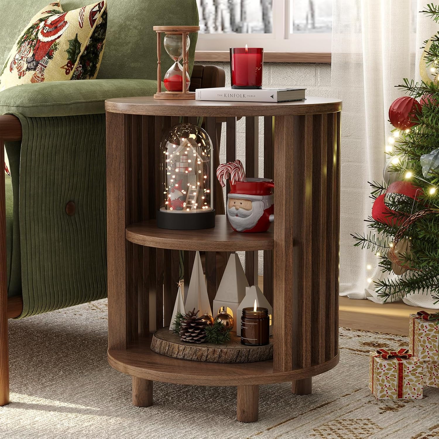 19.7" Tall Walnut Round End Table, Mid Century Modern Nightstand with 2 — free download