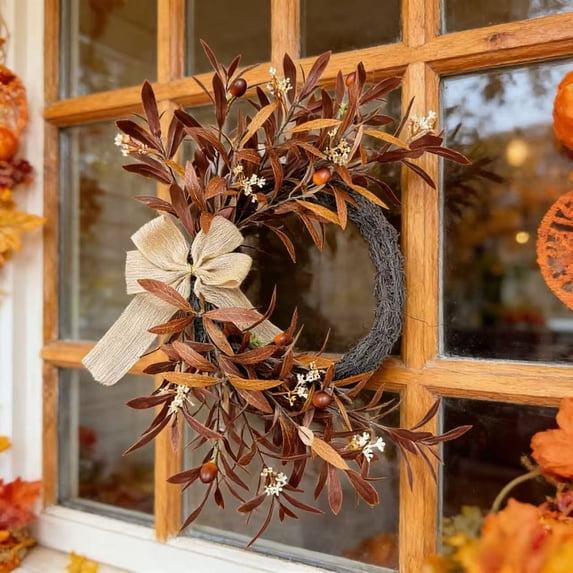 19.7'' Thanksgiving Fall Wreath – Artificial Olive Branch Front Door Wreath with Linen Bow – Farmhouse Harvest Indoor Outdoor Porch Mantel Decor