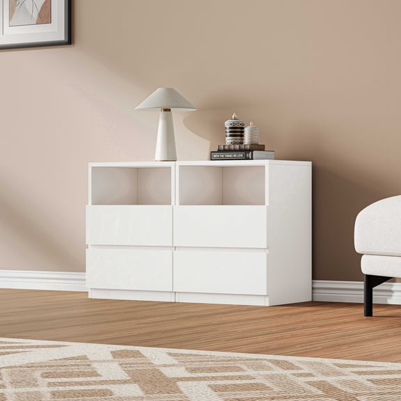 19.7"W White Nightstand with Storage, Wooden Bedside Table with 2 Drawers and Open Shelf , Modern Small Dresser End Table for Bedroom and Living Room, Pack of Two