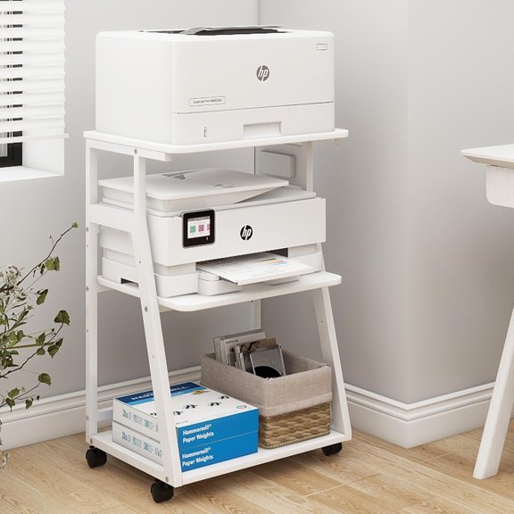 19.7"x15.7" Printer Stand,3 Tier Printer Table with Charging Station, Rolling Cart with Adjustable Storage Shelf for Home Office Organization, Stand for Heat Press,3D Printer (White)