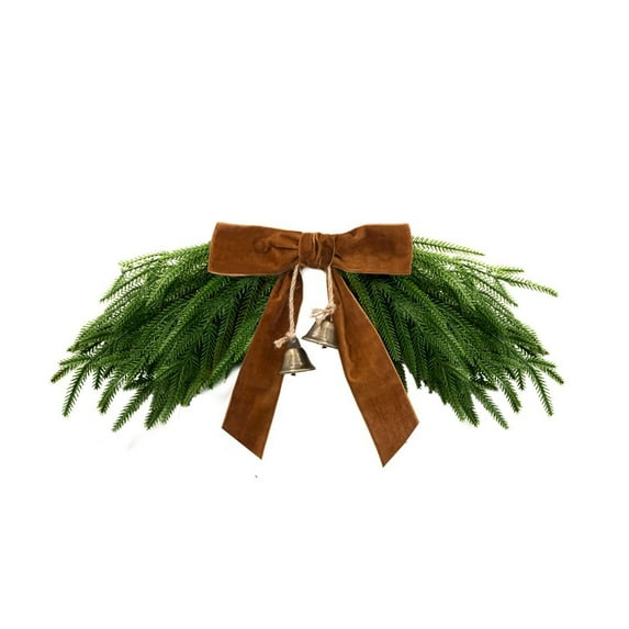 19.7" x9.8'' Christmas Frosted Cedar Swag with Velvet Bow and Brass Bells,Small Christmas Swag Wreath for Front Door Windows Mailbox Wall Mantle Table Decor Indoor Outdoor(Green)