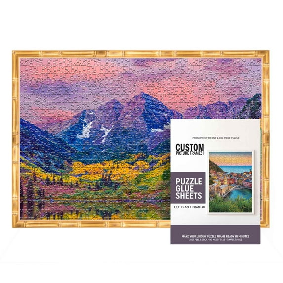 19.75x26.75 Puzzle Frame Kit with Glue Sheets | Gold Bamboo Picture Frame | Real Wood with UV
