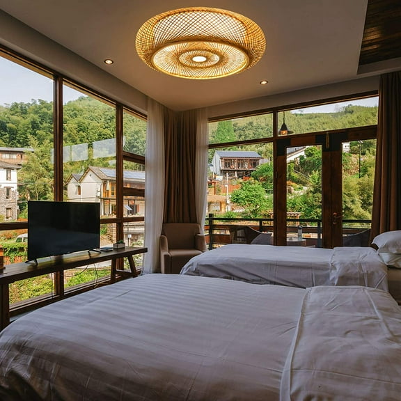 19.7in Bamboo Ceiling Light Fixtures, Handmade Boho Flush Mount Ceiling Light, Woven Rattan Light Fixtures Ceiling Mount, Farmhouse Basket Light Fixture for Bedroom Hallway Kitchen Nursery Entryway