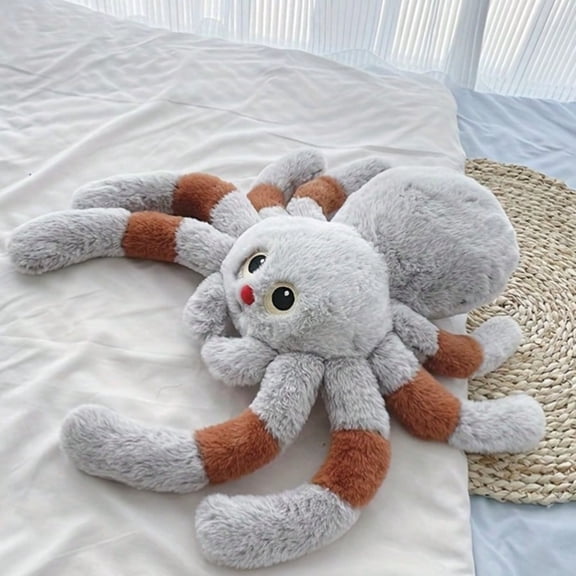 19.7in Gray & Brown Stuffed Spider - Giant 8-Leg Soft Plush with Big Eyes & Red Nose, Halloween Decoration & Prank Gift