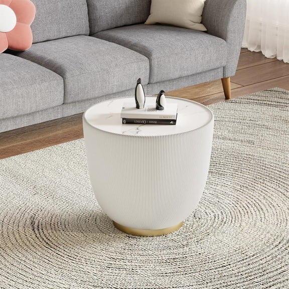 19.7in Modern Drum Round Coffee Table for Living Room Office, White Sintered Stone Tabletop, Fluted PU Leather Covered and Metal Base, Small Round End Side Table, White