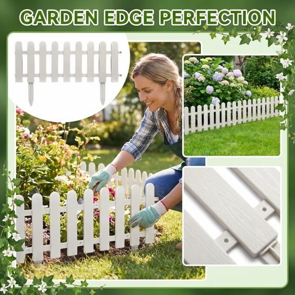19.7in Plastic Garden Fence Panel, Decorative Lawn Edging Border for Flower Beds, White Picket Fence for Decor, Outdoor Yard Decorations for Spring and Decor, A