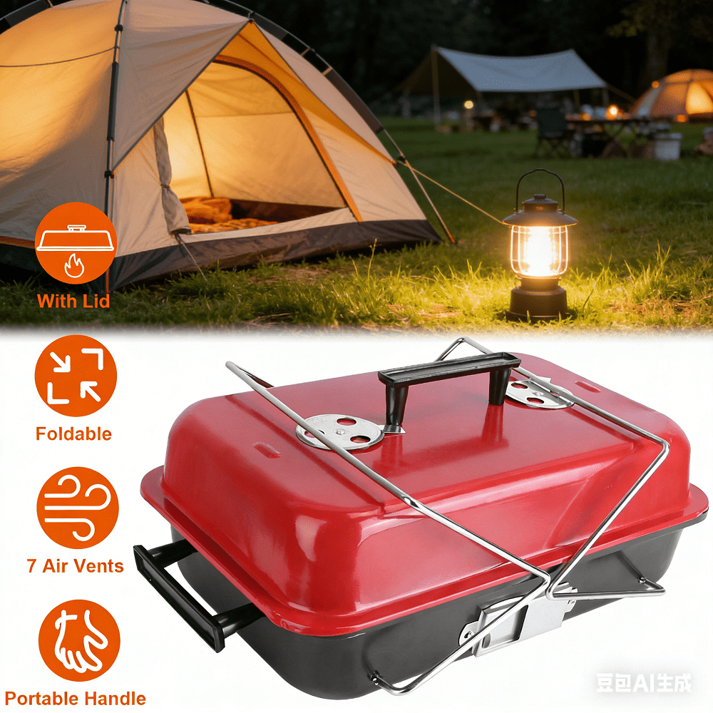 19.7in Portable Charcoal Grill Tabletop Barbecue Smoker Folding Compact 5.51lbs 6 Lid Vents Side Vent Heat Resistant Iron for Camping Picnic Beach Tailgating Backyard Cooking Red