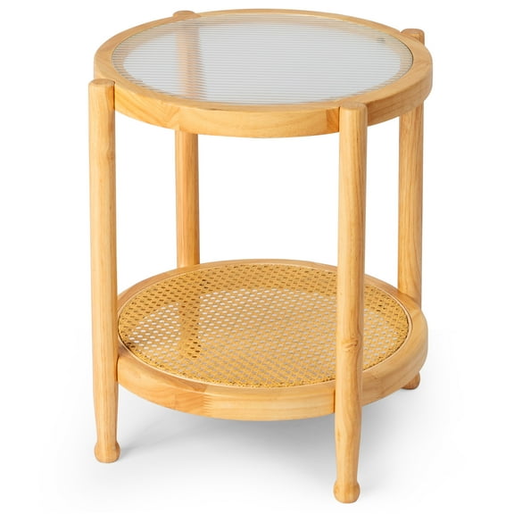 19.7in Rattan Coffee Table with Glass Top, Small Round End Table, Boho Style Side Table Sofa End Table for Living Room Balcony Patio, Natural