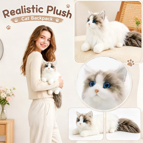 19.7in Realistic Ragdoll Cat Plush Toy, Simulation Stuffed Animal with Bib, Soft Lying Calico Doll for Home Decor, Ideal Birthday Gift, Gray