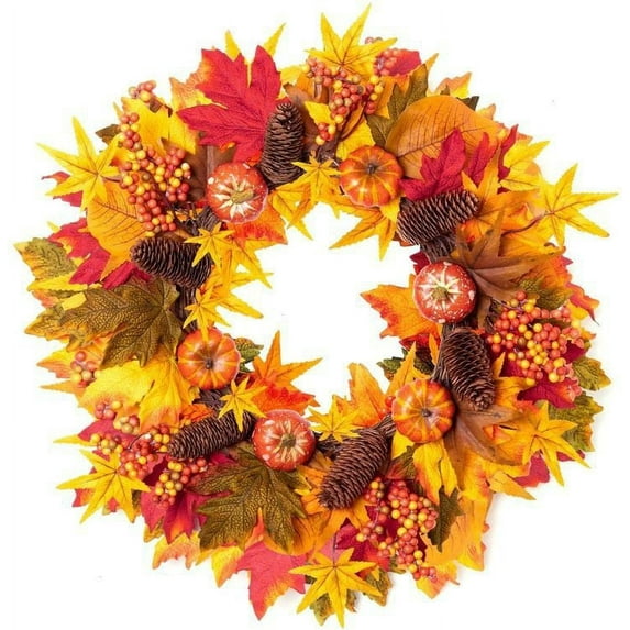 19.7inch Fall Wreath for Front Door Outdoor Autumn Maple Leaves Garland with Pumpkin Berry Pine Cone Farmhouse Thanksgiving Harvest Decor for Porch Patio Home Wall Wedding Festival Party
