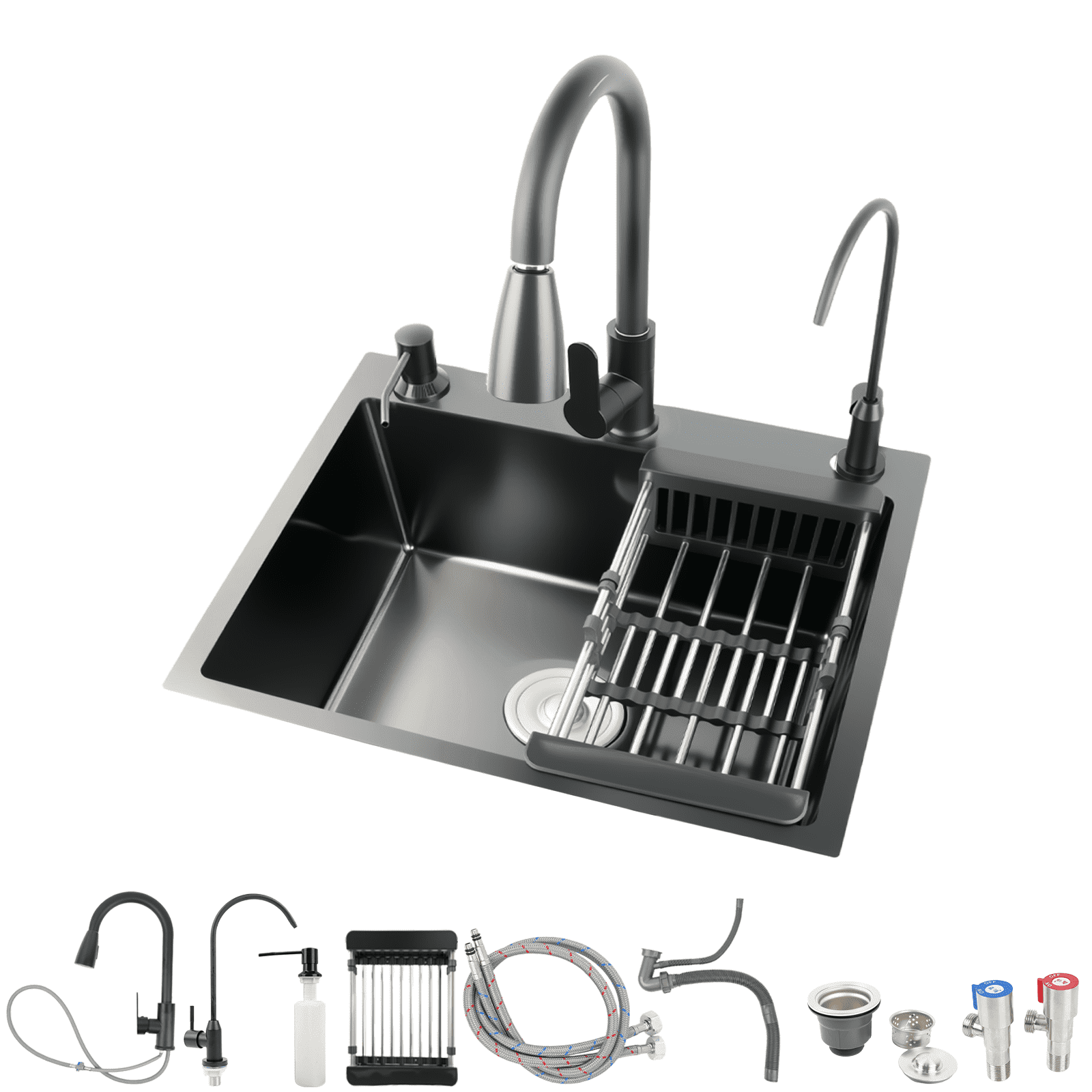 19.7x17.7in Kitchen Sink, Stainless Steel Kitchen Basin with Pull-Down Faucet, In/Topmount Single Bowl Workstation with Multiple Accessories for Modern Kitchens, Farmhouse Workstation, Black