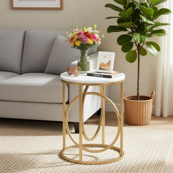 19.7x25.8in Round Gold Side Table with Marble Top O Shaped Metal Frame Mid Century Modern End Table 200lbs Capacity for Living Room Bedroom Sofa Coffee Nightstand Accent Decor