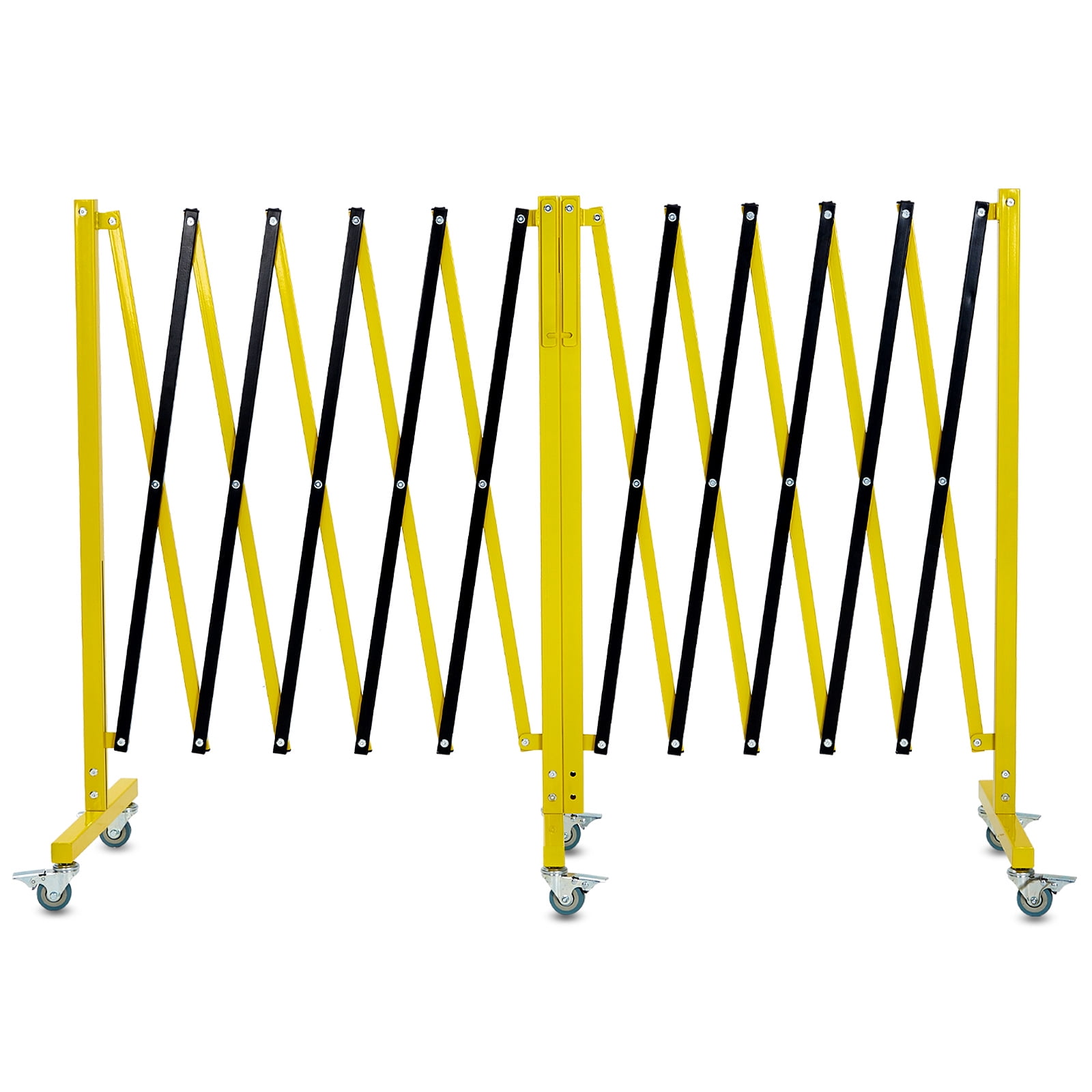 19.8 FT Industrial Expandable Metal Barricade, Rotatable & Portable Safety Barrier with a Warning Board and Casters, Retractable Traffic Fence Mobile Safety Barrier Gate Yellow Black