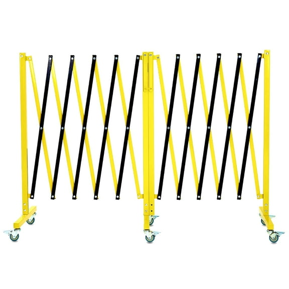 19.8 FT Industrial Expandable Metal Barricade, Rotatable & Portable Safety Barrier with a Warning Board and Casters, Retractable Traffic Fence Mobile Safety Barrier Gate