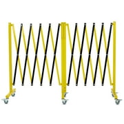 19.8 FT Industrial Expandable MetalBar-ricade Rotatable & Portable Safety Barrier with a Warning Board and Casters, Retractable Traffic Fence Mobile Safety Barrier Gate