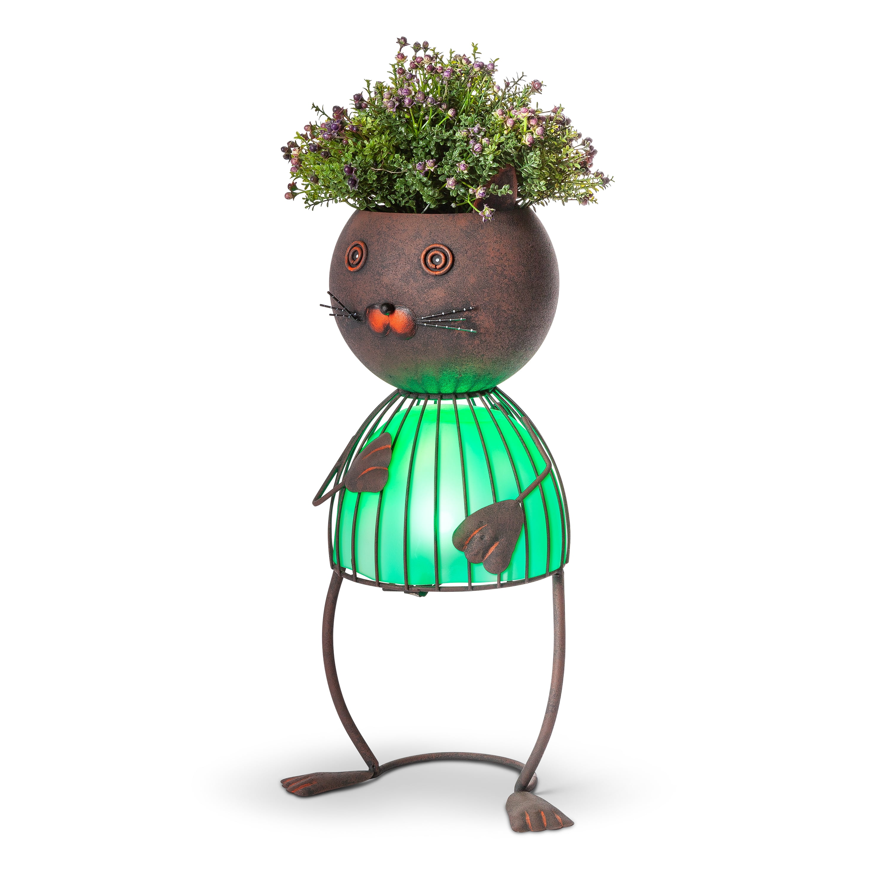 20" Green Solar Lighted Metal Cat Planter for Outdoor