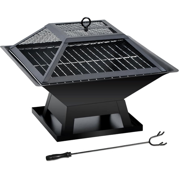 19.8inch Portable Small Fire Pit with a Removable Ash Pan, Fire Poker, Mesh Lid, 2 in 1 Square Outdoor Fireplace for BBQ, Outside Heating, Bonfire Party, Camping, Backyard, Patio, RV Trip