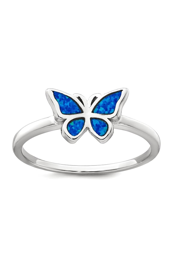 19.8mm 925 Sterling Silver Rhodium Plated Polished Blue Simulated Opal Butterfly Angel Wings Ring Size 8 Ring for Women
