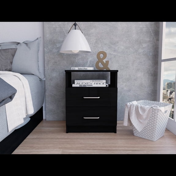19.9"H Black Nightstand with 2 Drawers & Shelf, Metal Hardware for Smoothness