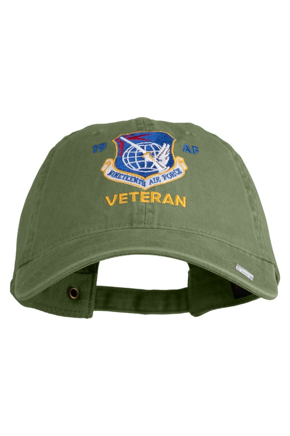 19 AF Nineteenth Air Force Veteran Embroidered Washed Solid Pigment Dyed Cotton Twill Brass Buckle Cap - Olive OSFM