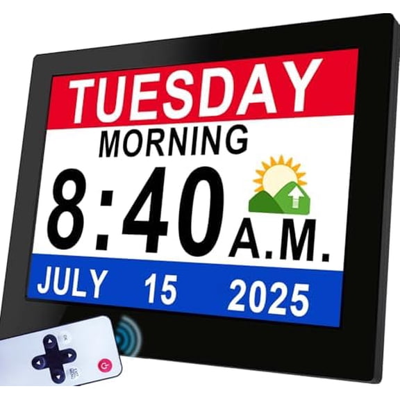 19 Alarms Dementia Clock 8 Inch Large Display, Auto DST, 10 Levels Auto Dimmable, Non-Abbreviated Date and Day Calendar Clock for Seniors, with Power Adaptor, Picture Frame Feature