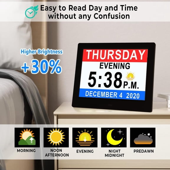 19 Alarms Dementia Clock 8 Inch Large Display Auto DST Non-Abbreviated Date Day Calendar with Power Adaptor Picture Frame Feature for Seniors