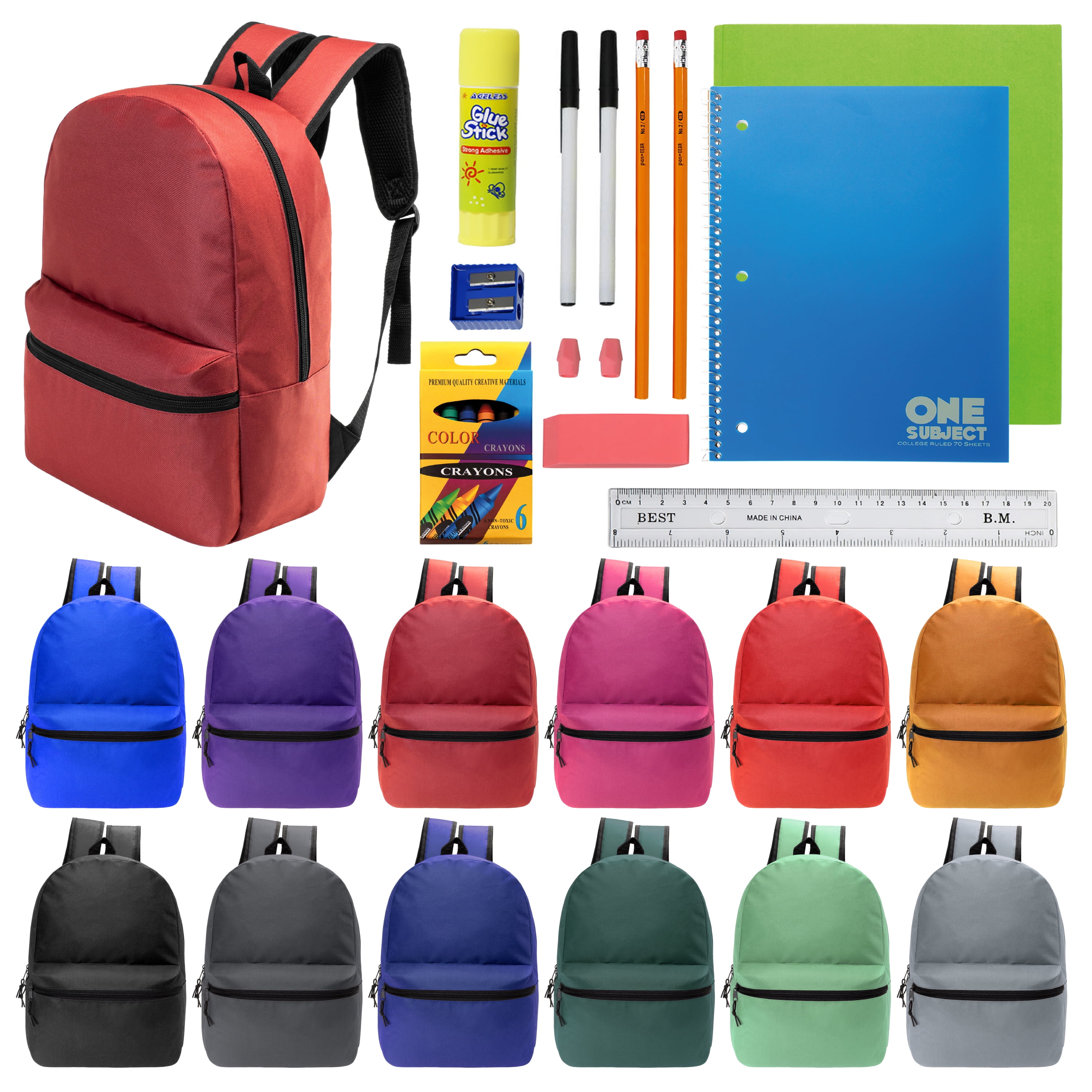 18.5" Backpack in 12 Colors & 18 Piece School Supply Kits - 12 of Each