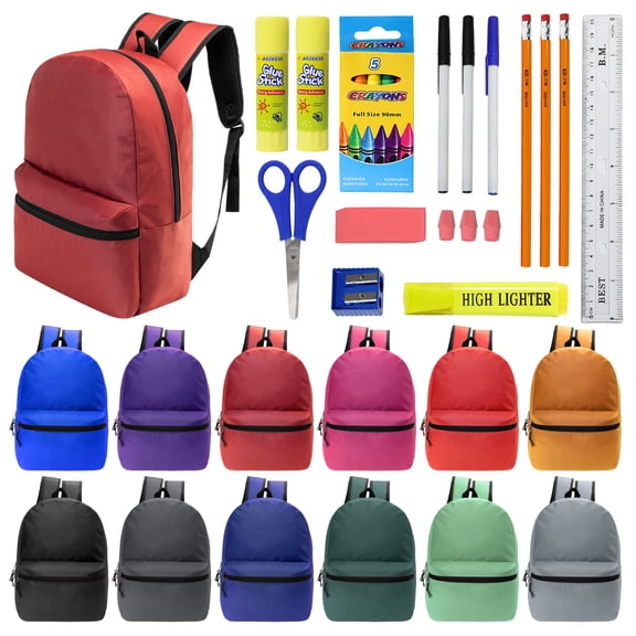 18.5" Backpack in 12 Colors & 22 Piece School Supply Kits - 12 of Each
