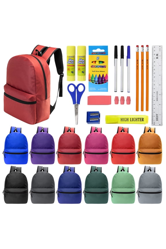 18.5" Backpack in 12 Colors & 22 Piece School Supply Kits - 12 of Each